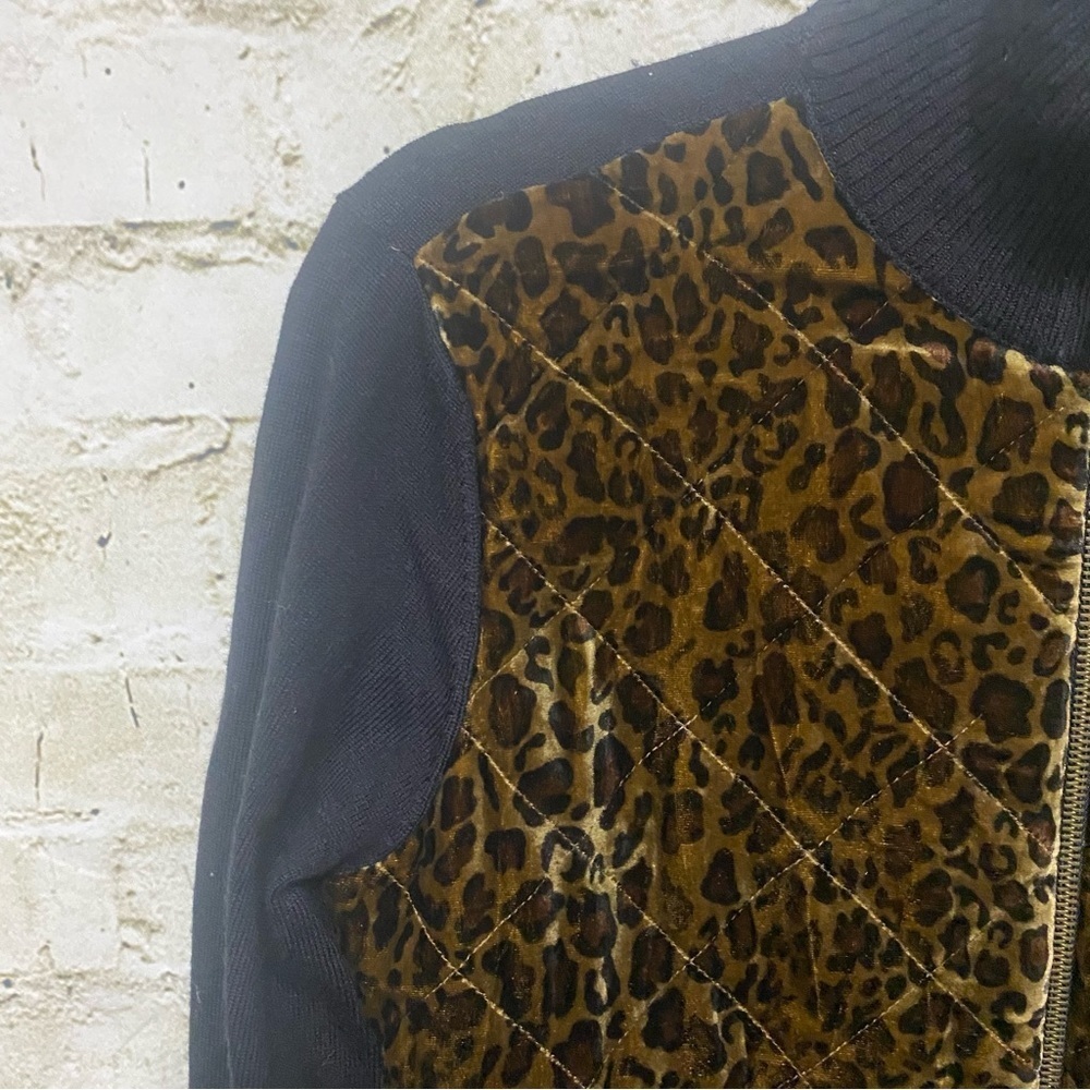 Lauren Ralph Lauren Black Brown Leopard Velvet Silk Blend Zip Up Sweater - Picture 2 of 4